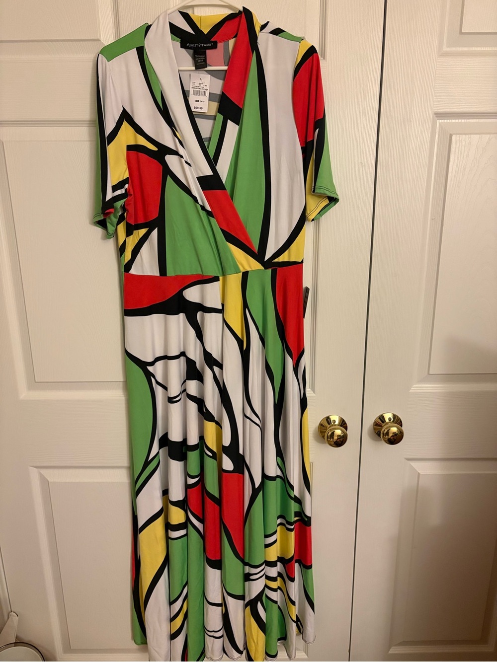 Ashley Stewart Green Red Yellow Black White Abstract Wrap Maxi Dress -New-